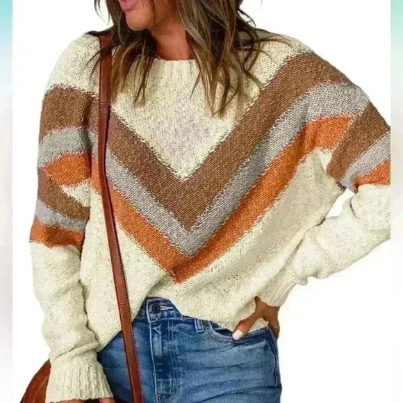 Sweaters - Women's Chevron crewneck Sweater Casual Long Sleeve Knitwear granola colorblock